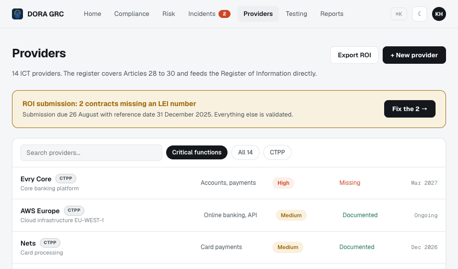 The provider view in DORA GRC: contracts, criticality and register status.